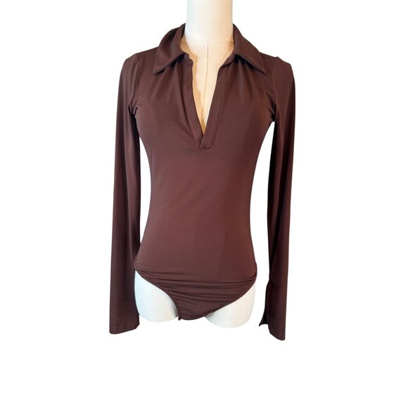 Zara Brown Small Long Sleeve Collared Bodysuit Snap Closure - Picture 6 of 14